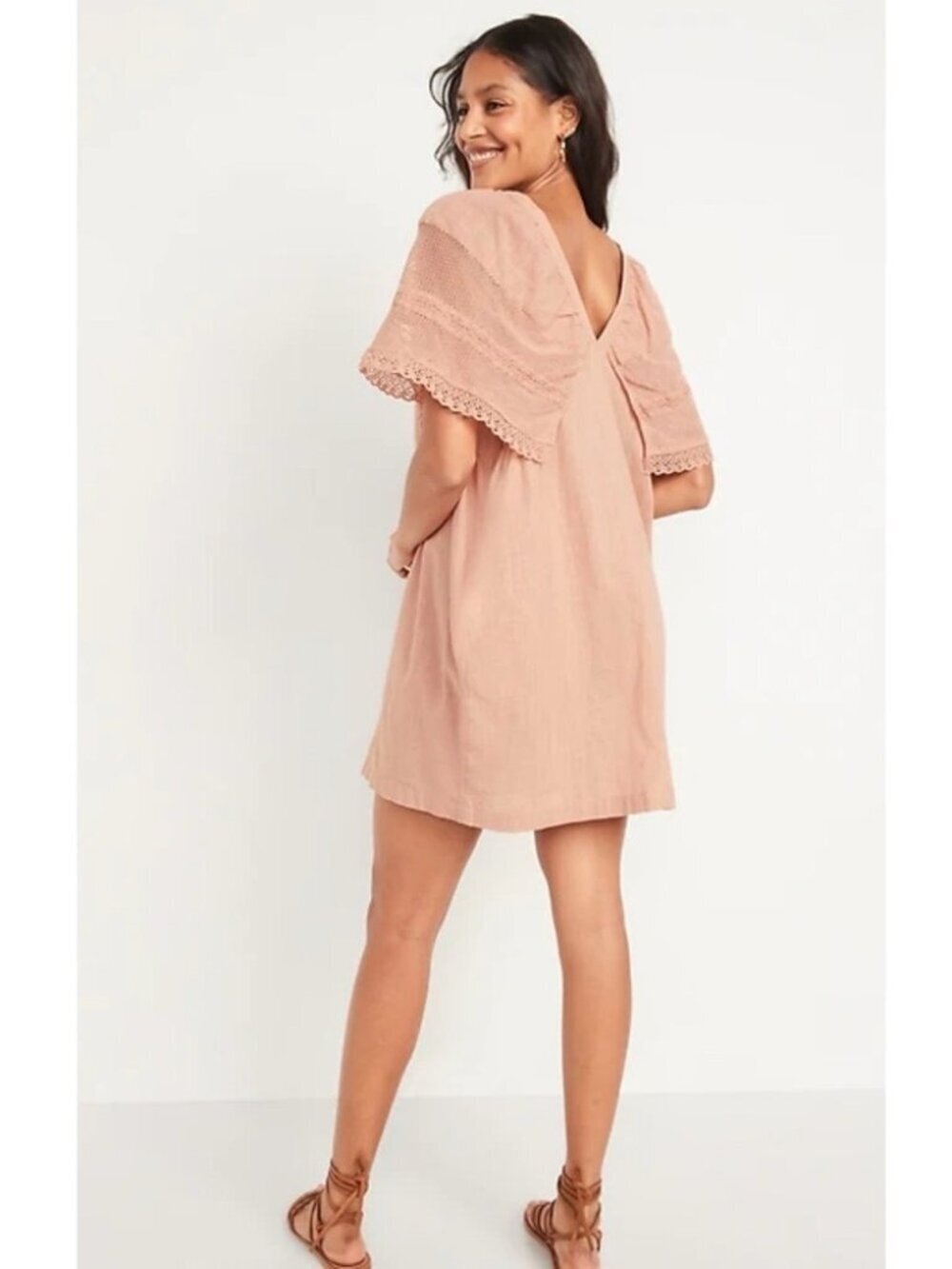 Old Navy Coastal Plain Cotton Crochet Flutter Sleeve Tie-Back Swing Mini Dress M
